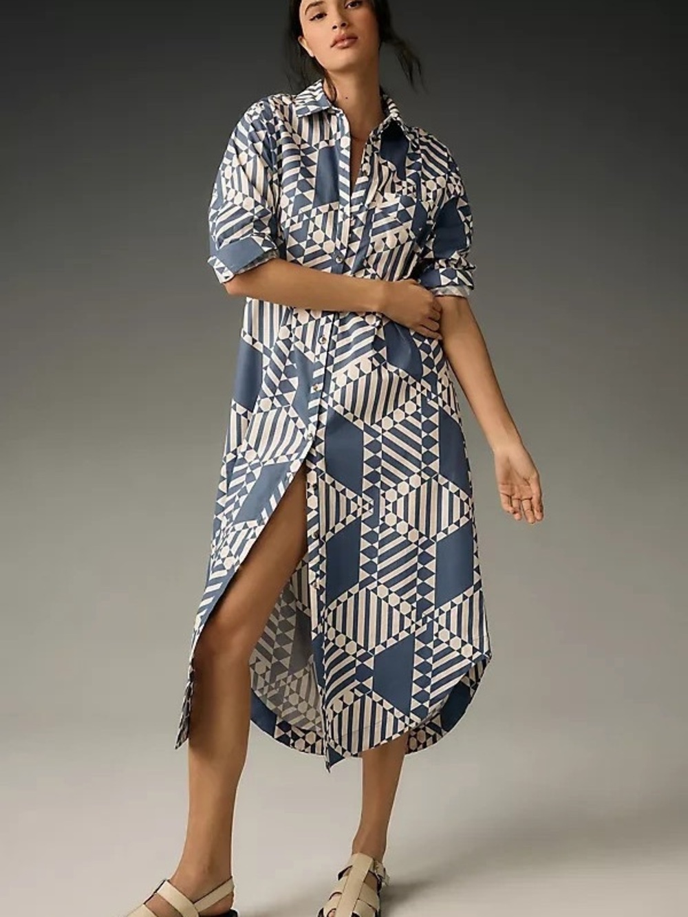 Anthropologie Blue and Cream Geometric Button-Front Shirt Cover-Up
